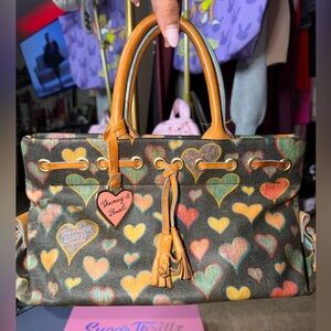 Vintage Dooney & Bourke Heart pattern Print Mini Satchel Bag tan Handles Y2K